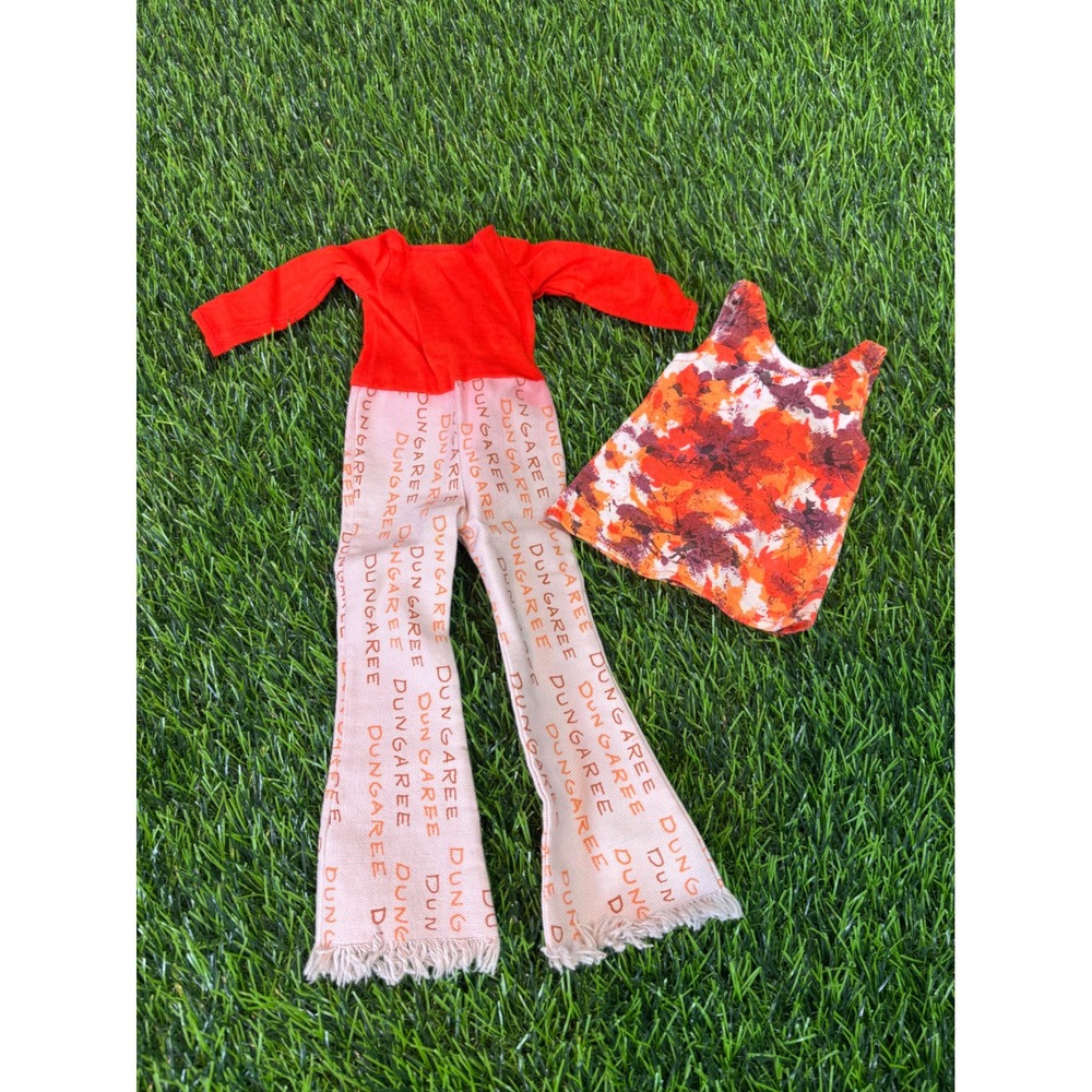 Vintage Doll Clothes Orange Dungaree Print Jumpsuit and Abstract Floral‎ Top Set